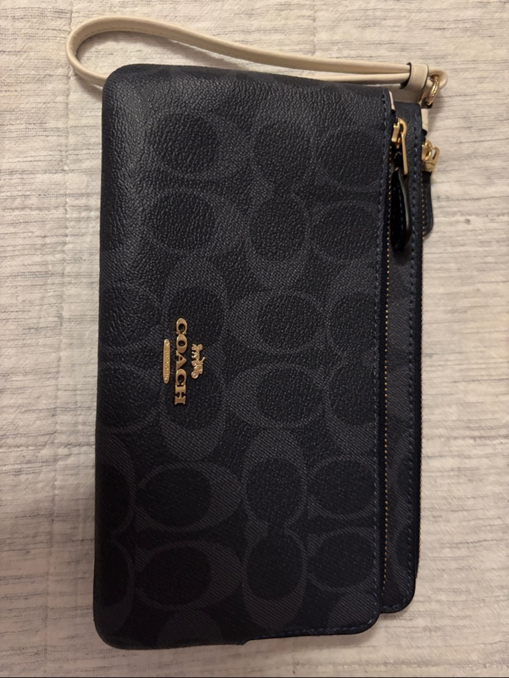 COACH Double Zip Wristlet in Navy Signature Canvas with White Strap